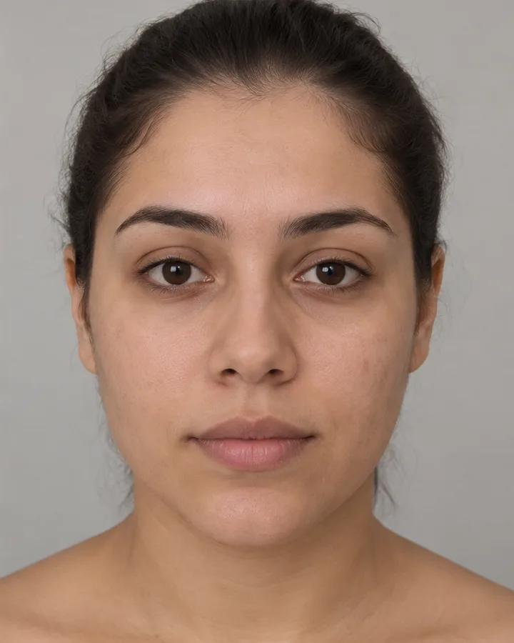 The same face with clear, calm skin, after the treatment