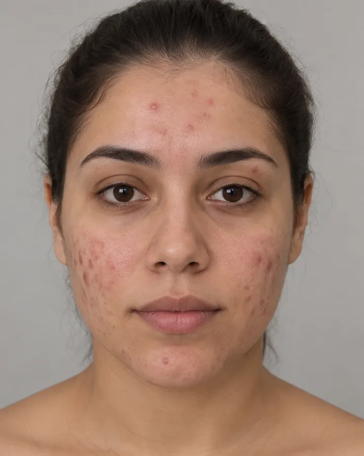 Face of a young woman with inflamed acne on the cheeks and forehead, before the treatment