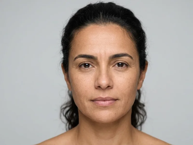 Woman’s face at rest, with forehead and glabellar expression lines, before the botulinum toxin treatment