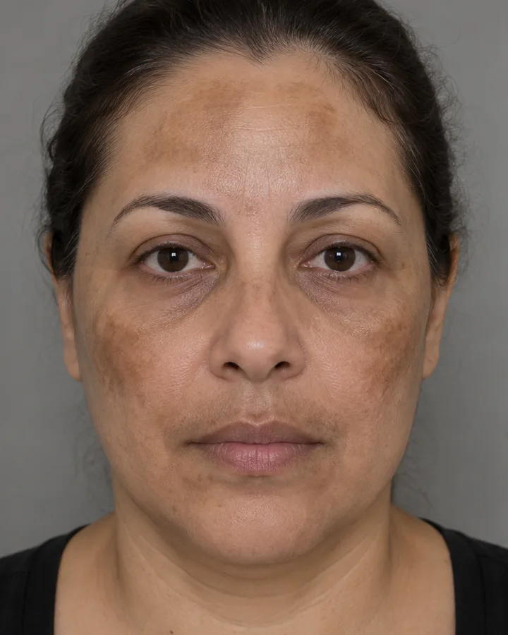 Face of a woman with dark melasma patches on the cheeks, forehead and above the upper lip, before the treatment