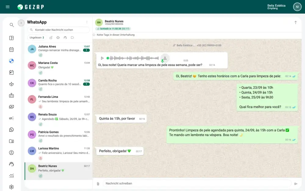 Interner WhatsApp-Chat von GeZap mit dem nächtlichen Gespräch, in dem die KI-Rezeptionistin die Sprachnachricht der Kundin versteht, Termine anbietet und selbstständig einen Termin vereinbart