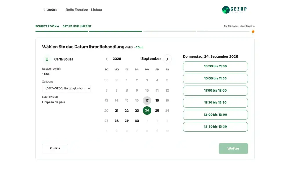 Öffentliche Buchungsseite des Unternehmens mit der Zeitzone des Kunden und den freien Terminen des Tages