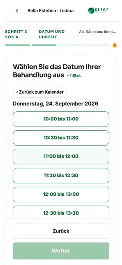 Mobiltelefon mit der öffentlichen Buchungsseite der Niederlassung in Lissabon, auf der die Termine in der Lissaboner Zeitzone angezeigt werden