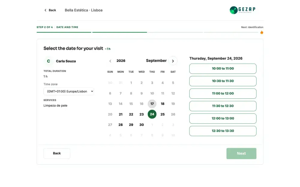 The business’s public booking page, showing the client’s time zone and the day’s available time slots