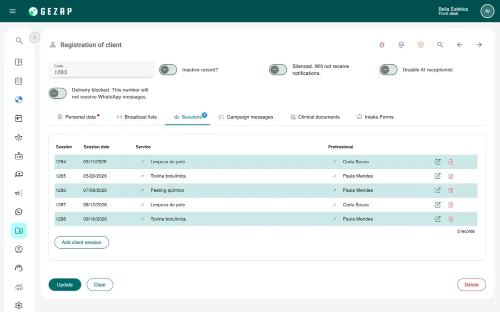 Client record in GeZap, showing the session list: date, service and professional for each appointment