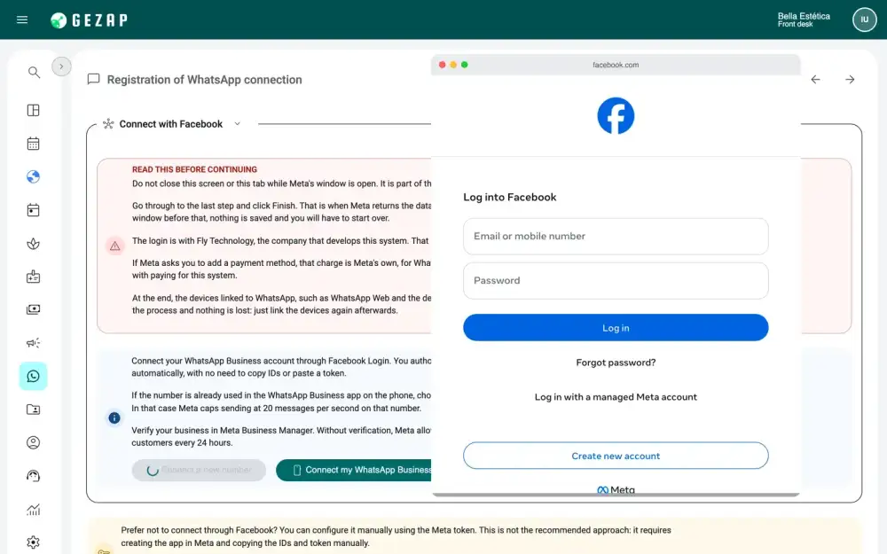 WhatsApp connection screen in GeZap with the official Meta window open on top, requesting Facebook login
