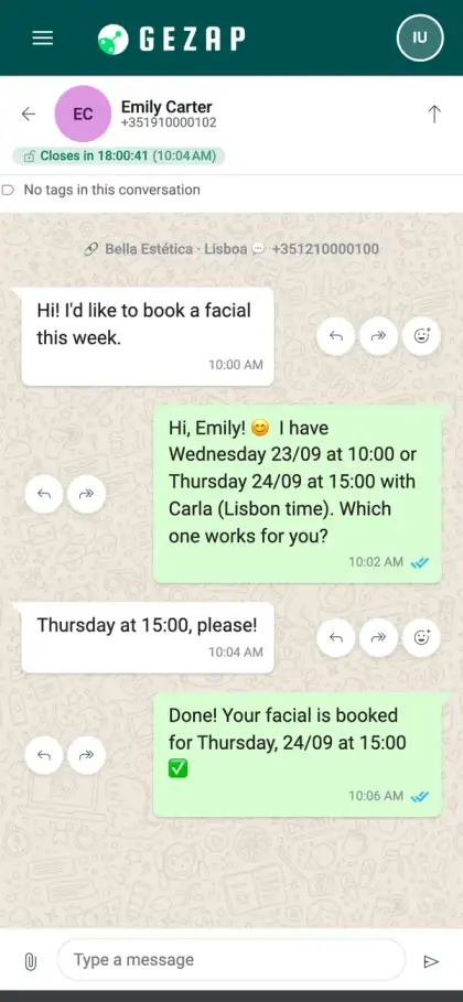 Phone showing a conversation in which the client writes in her language and the AI receptionist replies and books the appointment in the same language