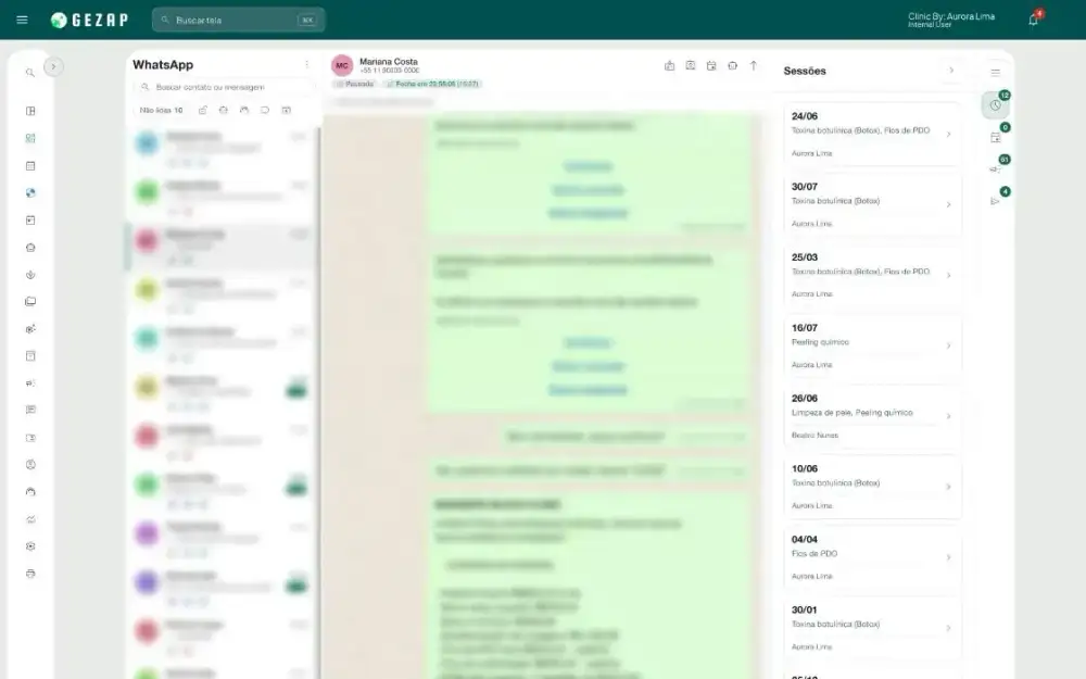 WhatsApp conversations in GeZap: the contact list, the open conversation and, on the right, the client panel with sessions and shortcuts to schedule, campaigns and broadcasts