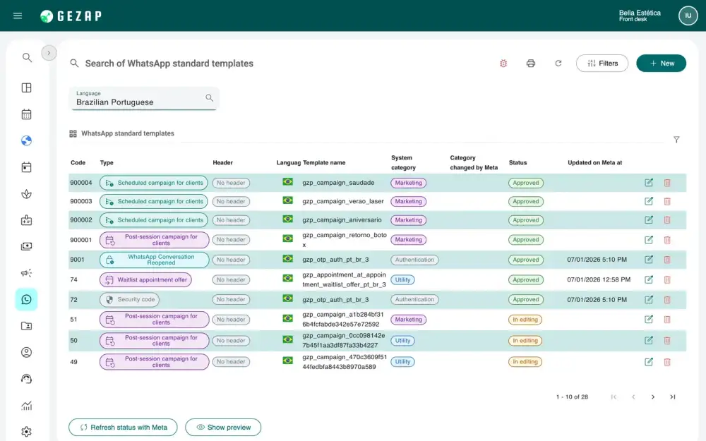 List of WhatsApp templates in GeZap, showing each one's type, category, and status in Meta