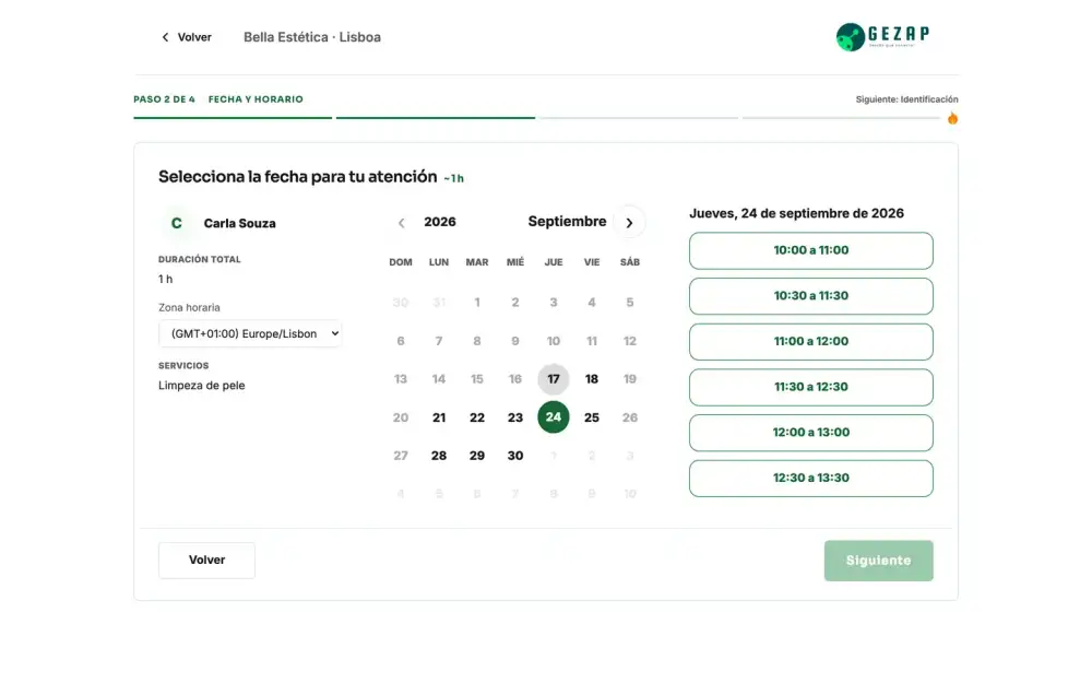 Página pública de reservas de la empresa, con la zona horaria del cliente y los horarios disponibles del día