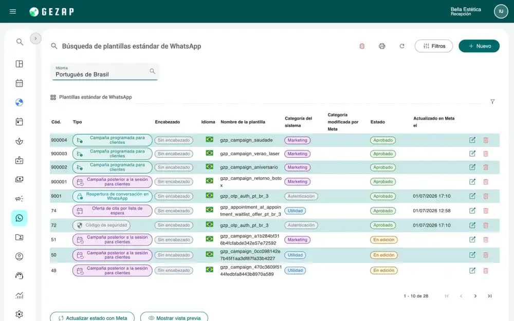 Lista de plantillas de WhatsApp en GeZap, con el tipo, la categoría y el estado de cada una en Meta