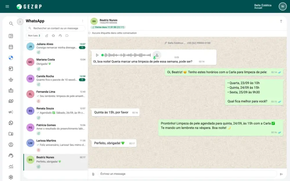 WhatsApp interne de GeZap affichant une conversation nocturne dans laquelle la réceptionniste IA comprend le message vocal de la cliente, propose des créneaux et prend rendez-vous automatiquement