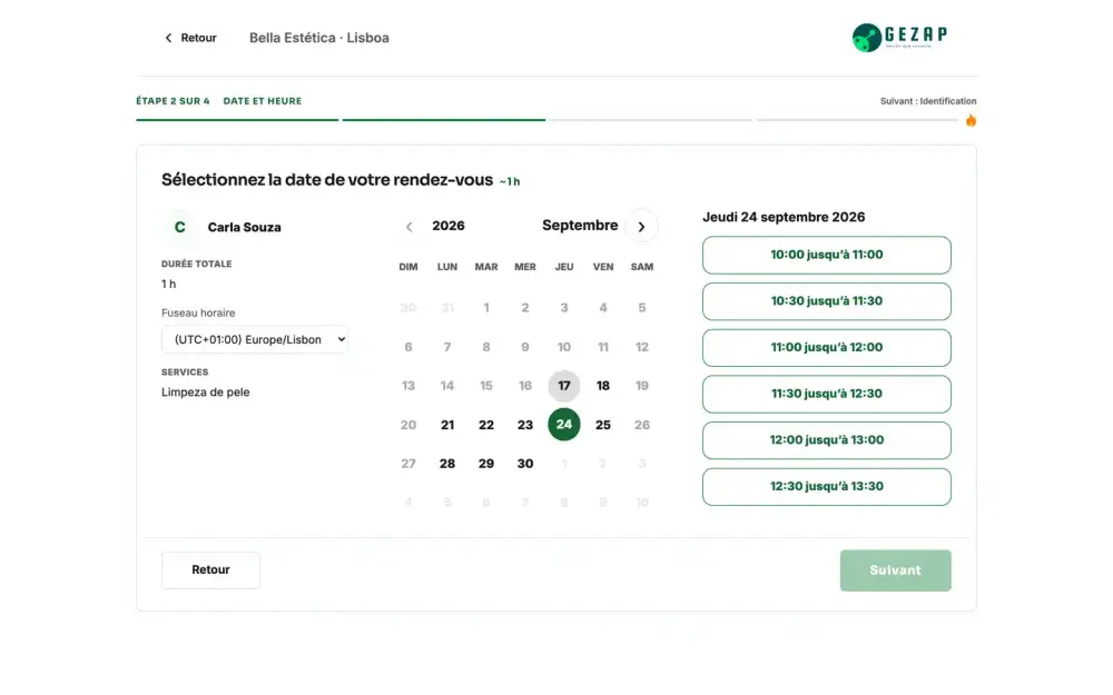 Page publique de prise de rendez-vous de l’entreprise, avec le fuseau horaire du client et les créneaux disponibles du jour