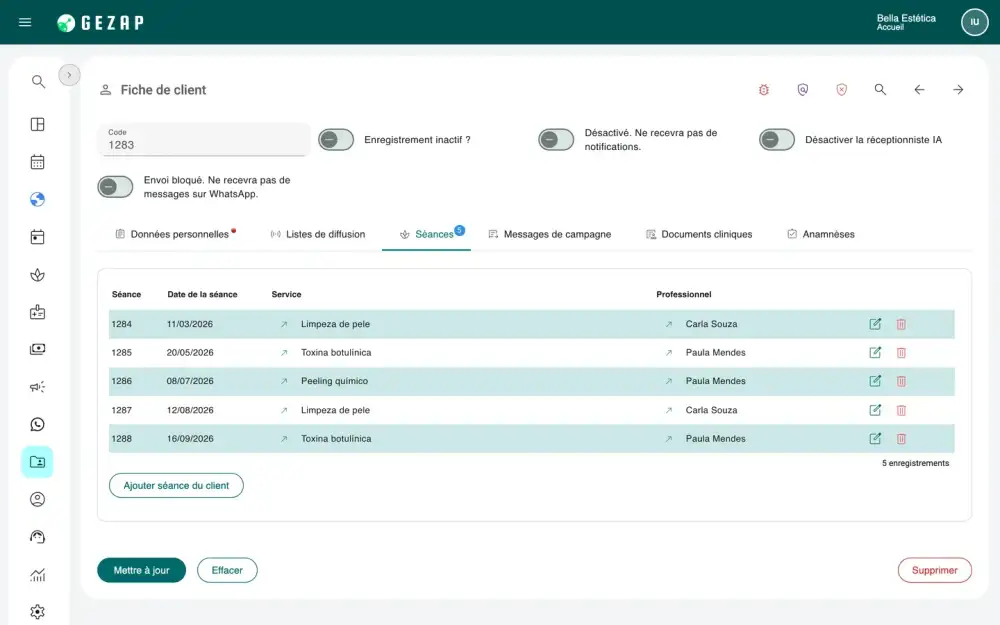 Fiche d’une cliente sur GeZap, avec la liste des séances : date, service et professionnel de chaque rendez-vous