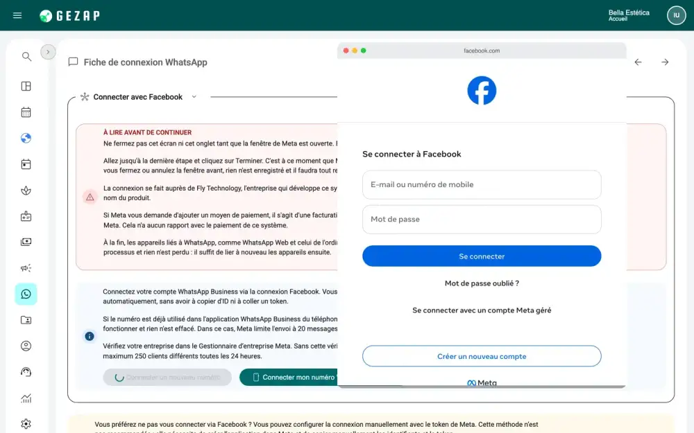 Écran de connexion de WhatsApp dans GeZap, avec la fenêtre officielle de Meta ouverte par-dessus, demandant la connexion à Facebook