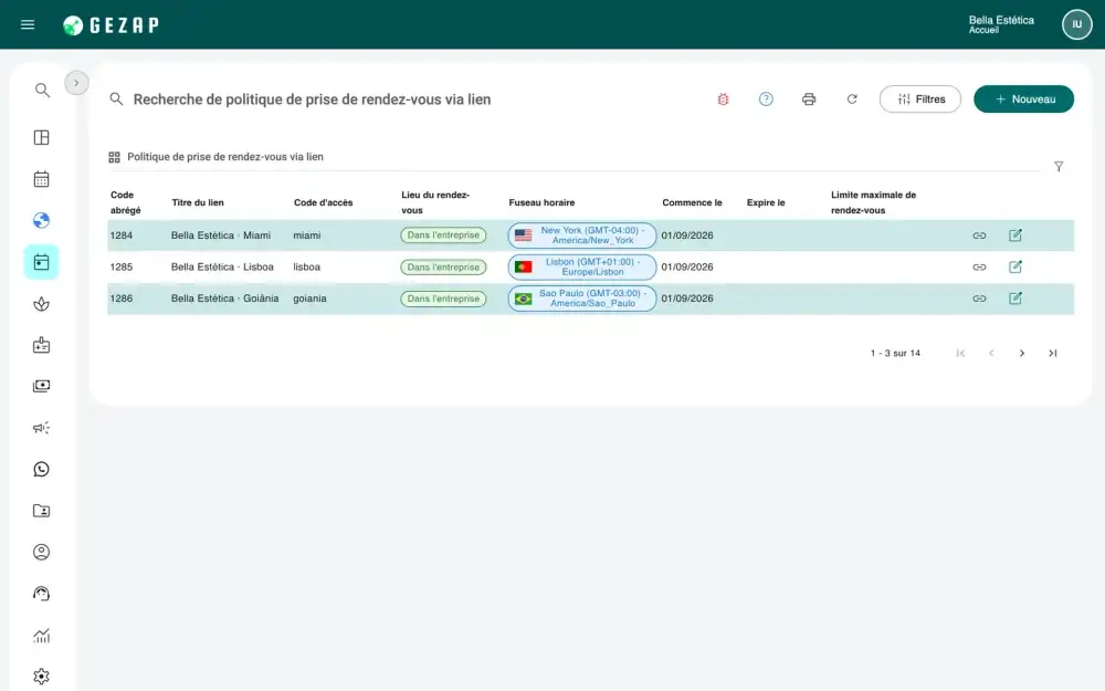 Liste des extensions de l’entreprise dans GeZap, chacune avec sa ville, son fuseau horaire et son propre lien de prise de rendez-vous