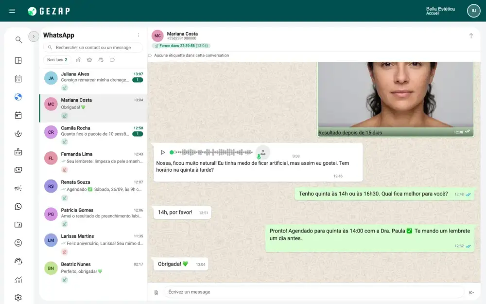 WhatsApp interne de GeZap : liste des clients à gauche et conversation avec photo, audio transcrit, réponse de la professionnelle et rendez-vous confirmé