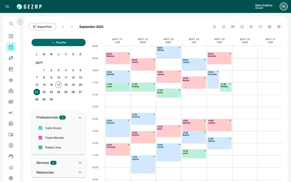 Agenda GeZap avec les rendez-vous de chaque jour, en couleurs par professionnel