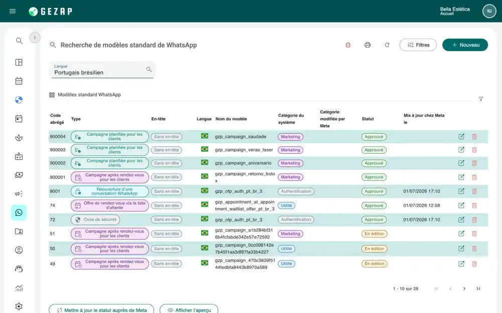 Liste des modèles WhatsApp dans GeZap, avec le type, la catégorie et le statut de chacun dans Meta