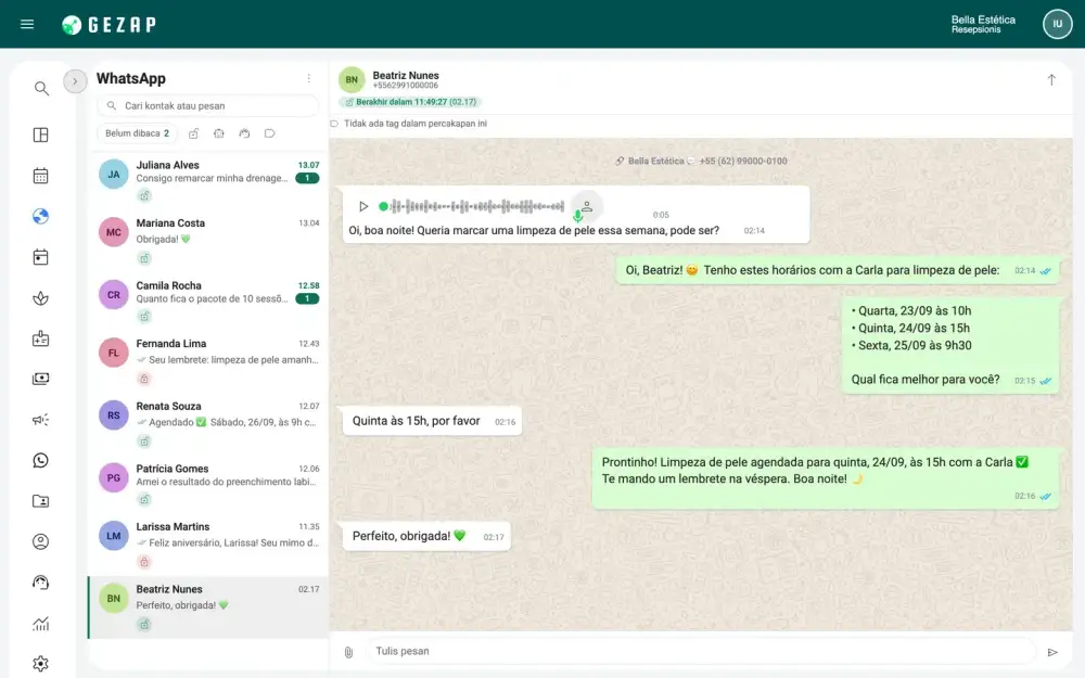 WhatsApp internal GeZap dengan percakapan dini hari saat resepsionis AI memahami pesan suara pelanggan, menawarkan waktu, dan menjadwalkan janji temu secara otomatis