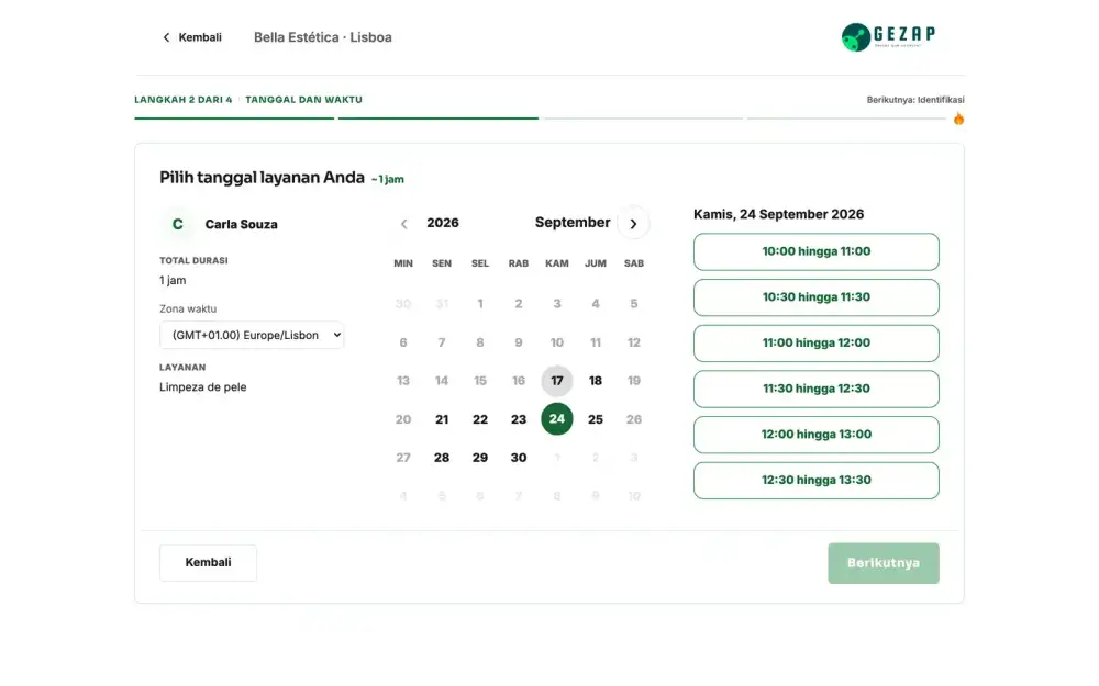 Halaman pemesanan publik perusahaan, dengan zona waktu klien dan slot waktu yang tersedia hari itu