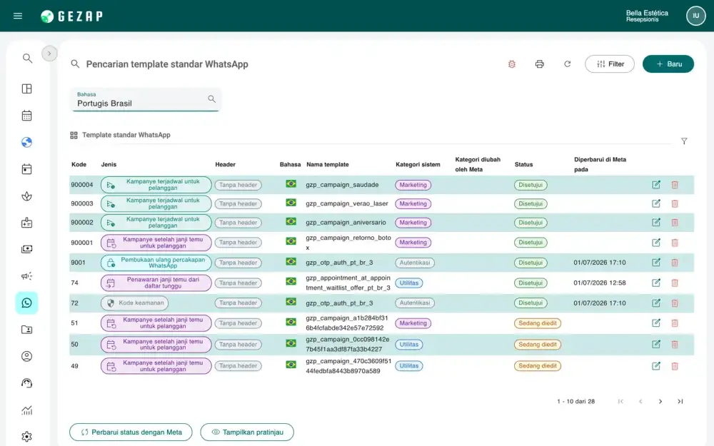 Daftar template WhatsApp di GeZap, dengan jenis, kategori, dan status masing-masing di Meta