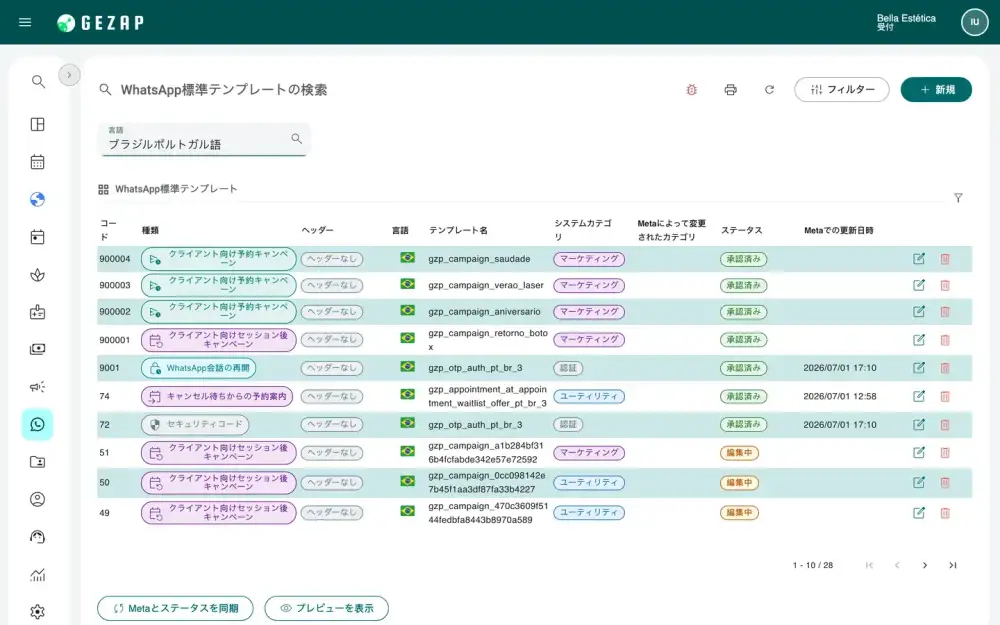 GeZapのWhatsAppテンプレート一覧。各テンプレートの種類、カテゴリ、Metaでのステータスを表示