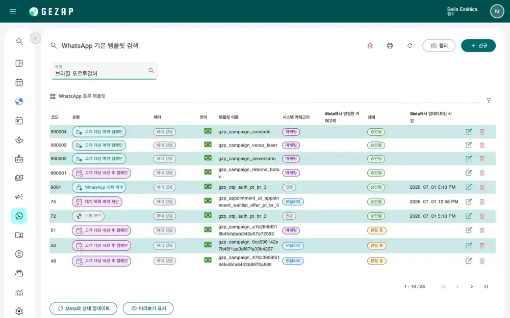 GeZap의 WhatsApp 템플릿 목록으로, 각 템플릿의 유형, 카테고리 및 Meta 상태가 표시되어 있습니다