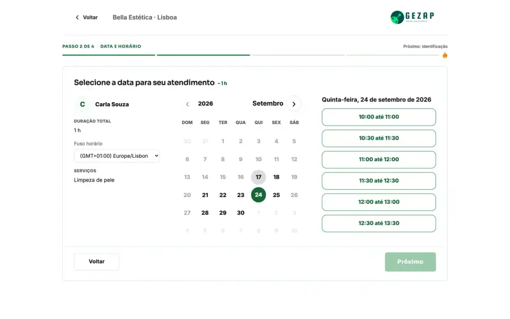 Página pública de agendamento da empresa, com o fuso horário do cliente e os horários livres do dia