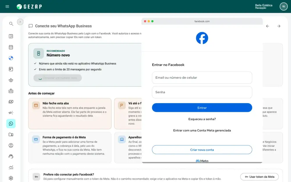 Tela de conexão do WhatsApp no GeZap com a janela oficial da Meta aberta por cima, pedindo o login do Facebook