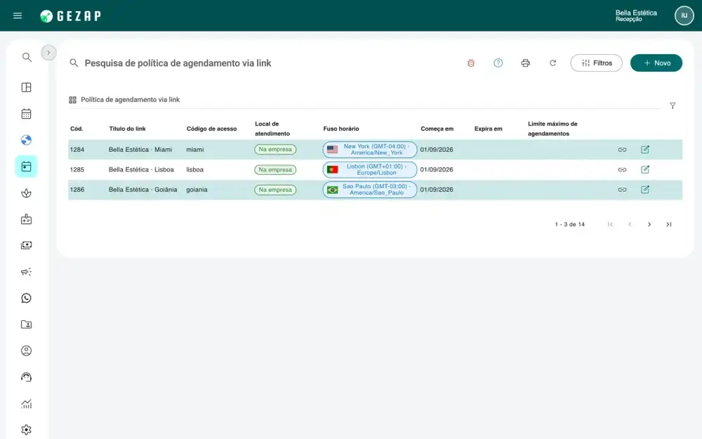 Lista de extensões da empresa no GeZap, cada uma com cidade, fuso horário e link de agendamento próprio