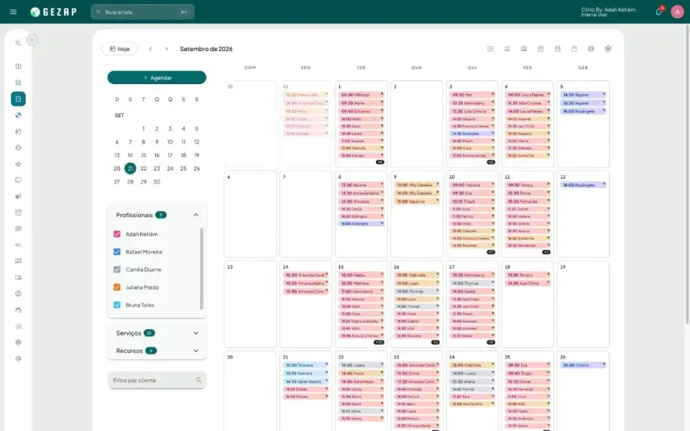 Agenda do GeZap com os atendimentos de cada dia, em cores por profissional