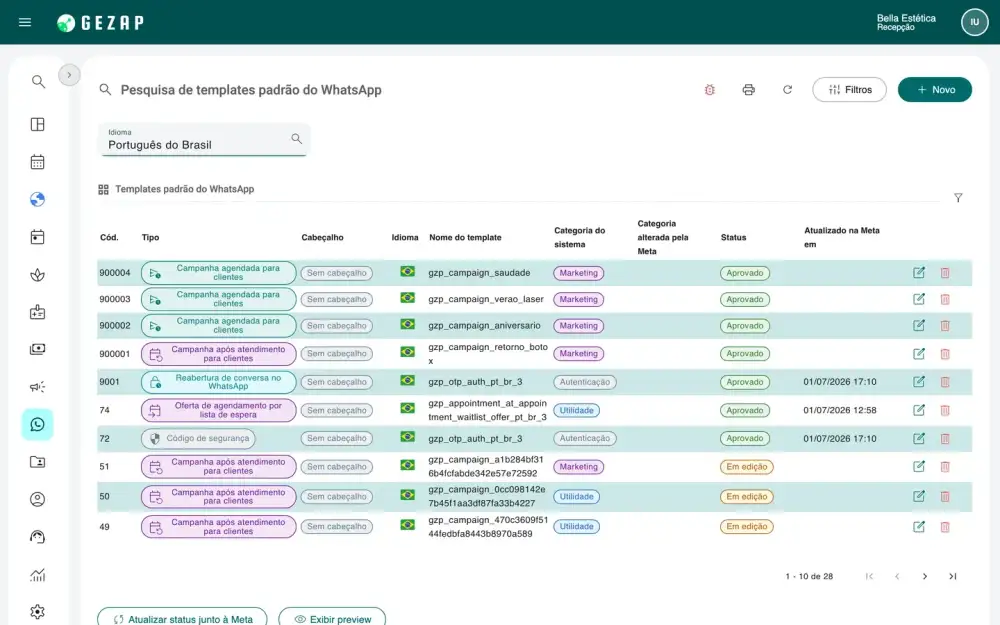 Lista de templates do WhatsApp no GeZap, com o tipo, a categoria e o status de cada um na Meta