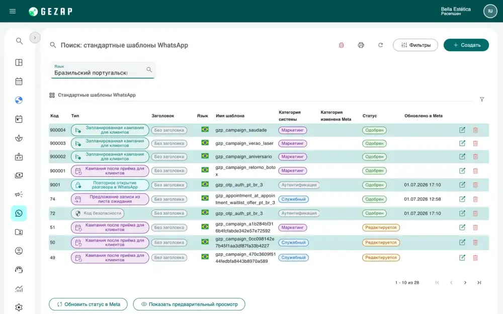 Список шаблонов WhatsApp в GeZap с указанием типа, категории и статуса каждого шаблона в Meta