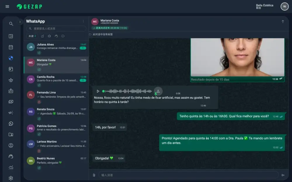 GeZap 内部 WhatsApp 深色模式下的同一界面，显示客户列表和打开的对话
